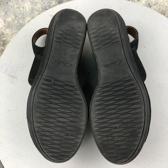 Clarks Women's Size 9.5M Reely Juno Black Leather 3 Strap Wedge Heel Sandals - Picture 11 of 16